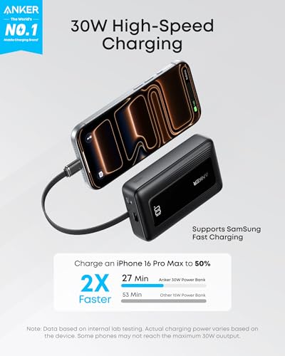 Anker Portable Charger, 10,000mAh 30W Power Bank, USB-C in and Out Fast Charging Battery Pack, Travel Essential Phone Power Bank, for iPhone 17/16, Galaxy and More