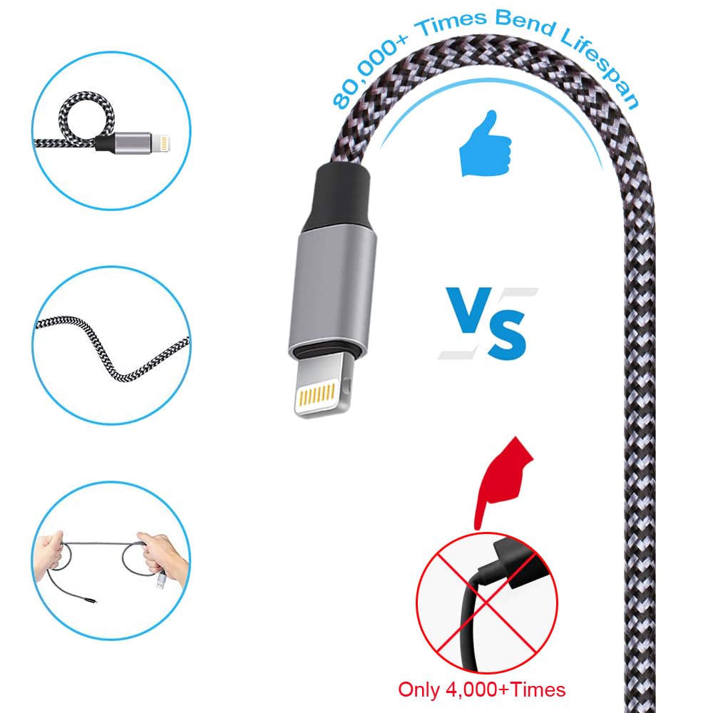 TAKAGI Phone Charger, Lightning Cable 3PACK 6FT Nylon Braided USB Charging Cable