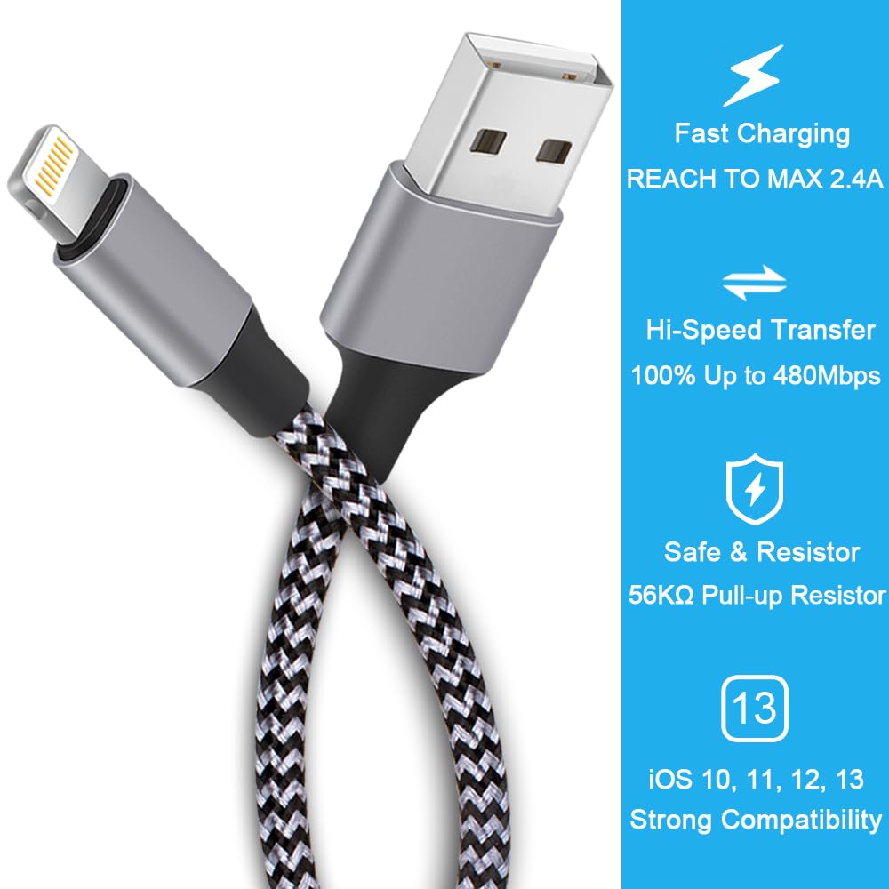 TAKAGI Phone Charger, Lightning Cable 3PACK 6FT Nylon Braided USB Charging Cable
