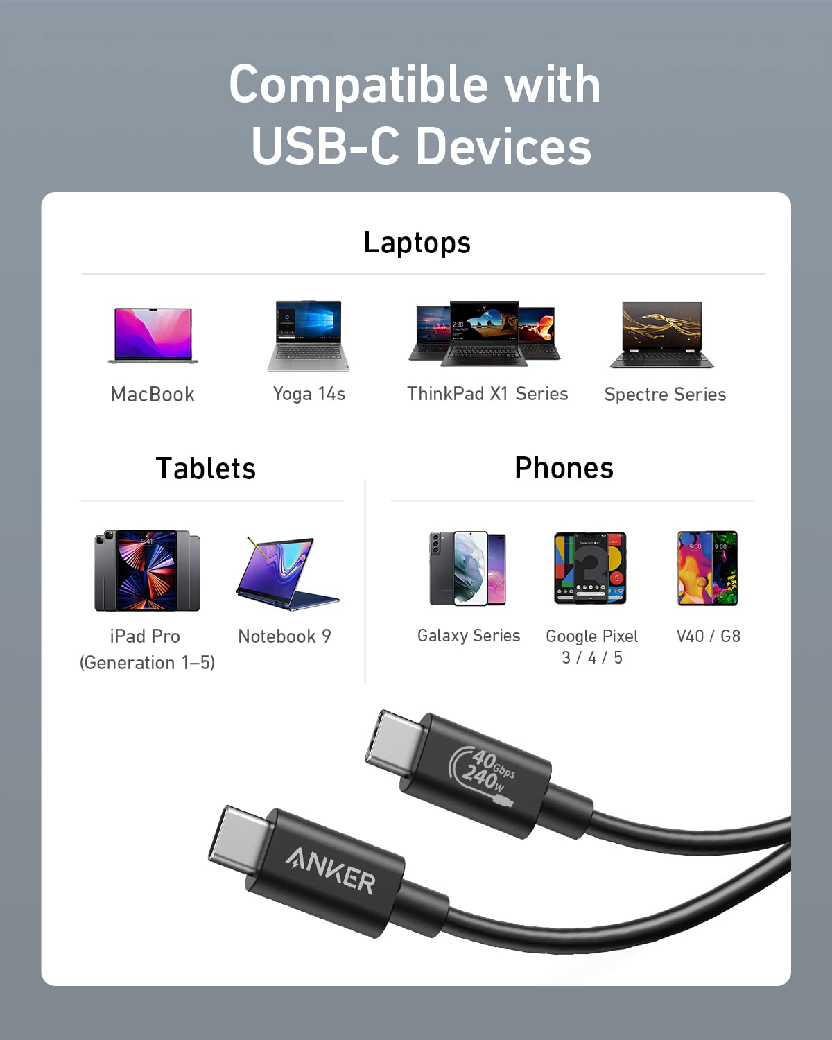 Anker USB C Cable(3.3FT, 240W), USB 4 Data Cable, 40Gbps, 8K HD Display, Thunderbolt 4/3 Compatible, for iPhone 17, MacBook, Hub, Docking and More