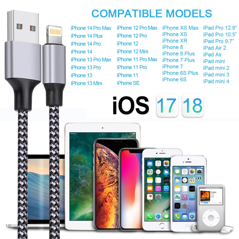 TAKAGI Phone Charger, Lightning Cable 3PACK 6FT Nylon Braided USB Charging Cable
