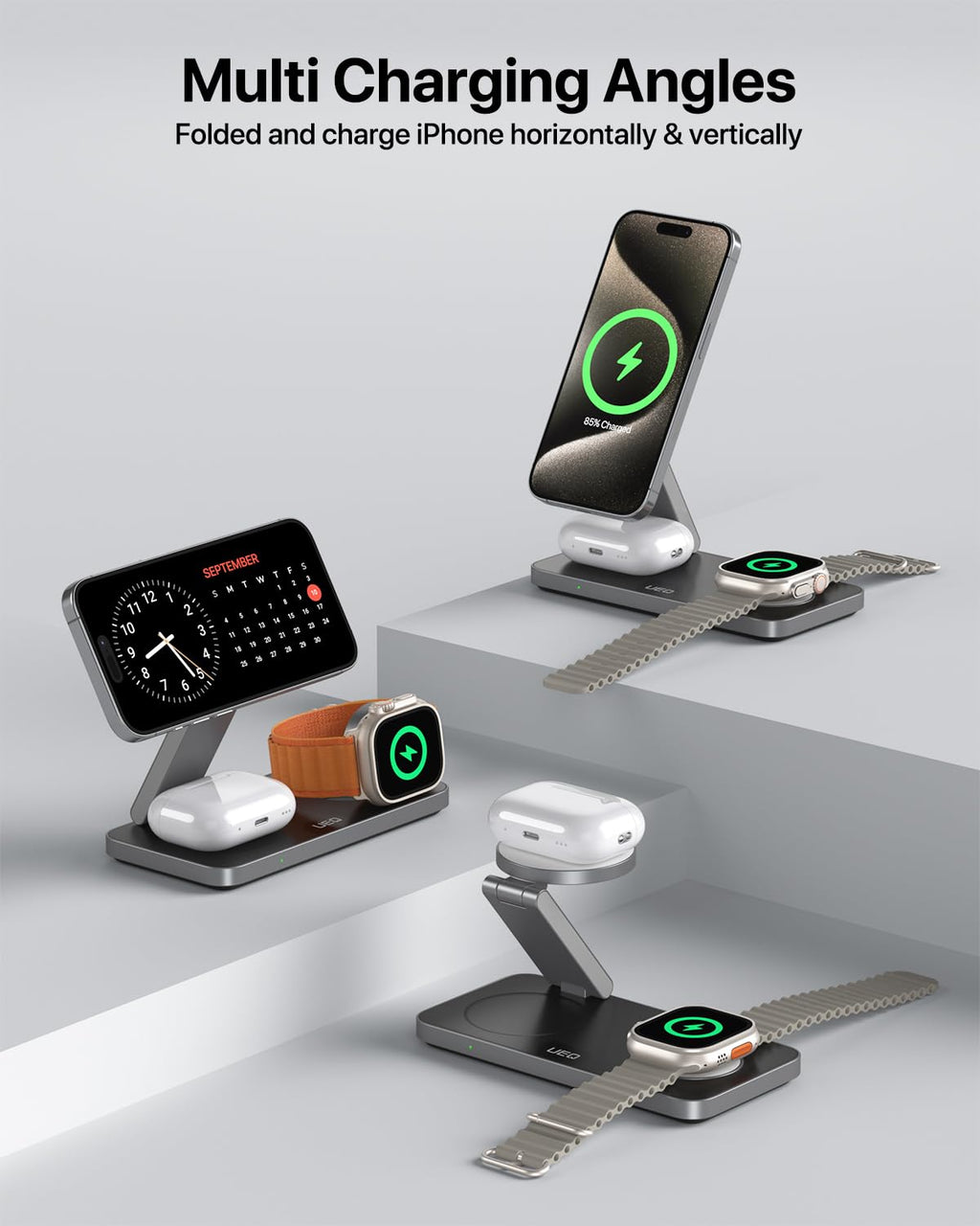 UEQ Foldable 3 in 1 Wireless Charging Station for Apple Compatible with Magsafe Charger Stand,Magnetic Wireless Charger Station for iPhone 15 14 13 12 Series,Airpods Pro,Apple Watch Ultra