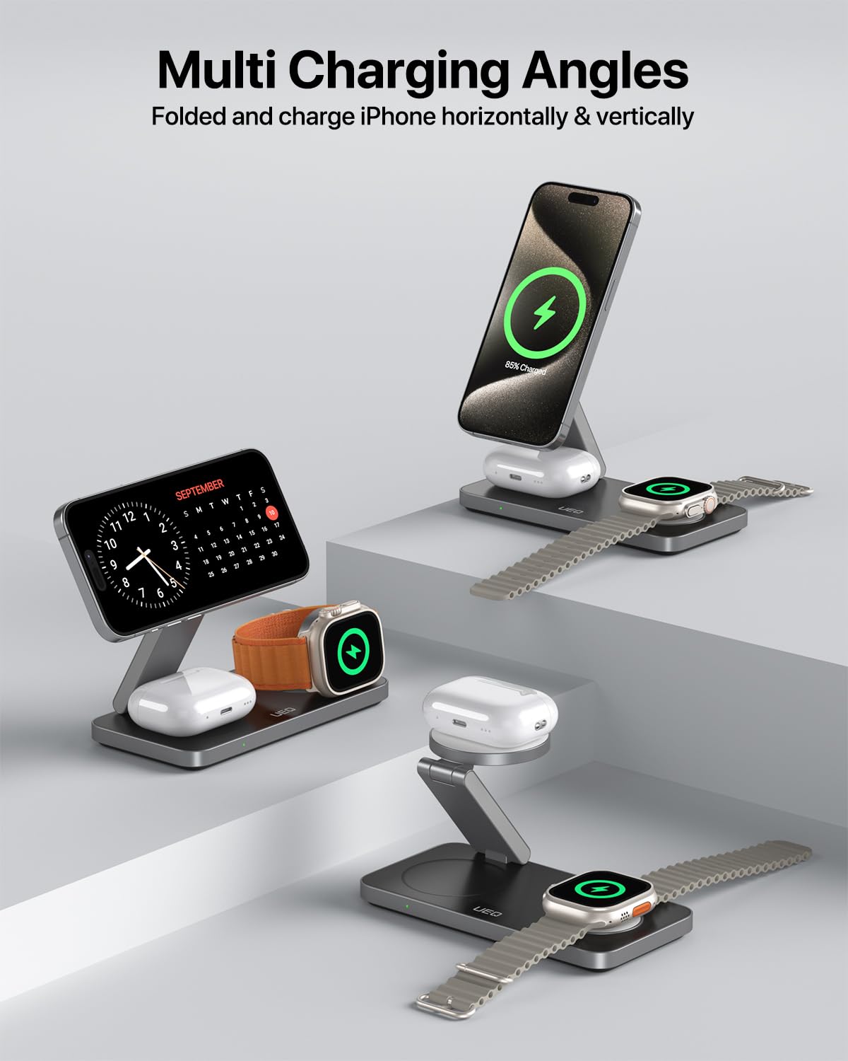 UEQ Foldable 3 in 1 Wireless Charging Station for Apple Compatible with Magsafe Charger Stand,Magnetic Wireless Charger Station for iPhone 15 14 13 12 Series,Airpods Pro,Apple Watch Ultra