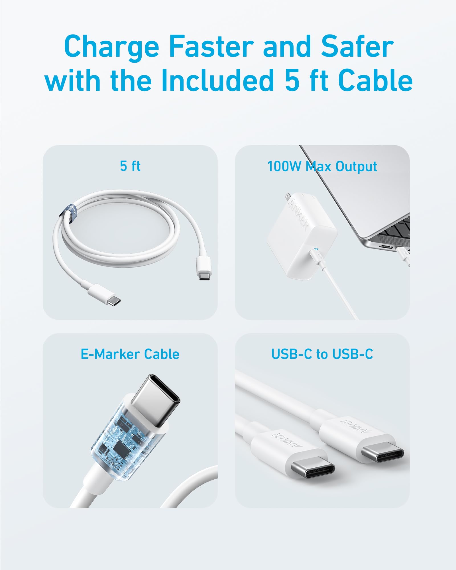 Anker Laptop Charger, Compact and Foldable 100W USB C Charger for MacBook Air, Samsung Galaxy, iPhone 17/16 Series, iPad Pro, and More(5FT USB C Cable Included)