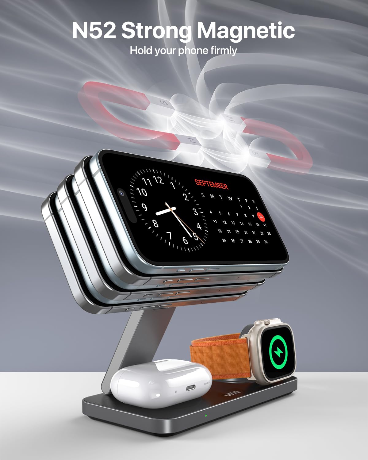 UEQ Foldable 3 in 1 Wireless Charging Station for Apple Compatible with Magsafe Charger Stand,Magnetic Wireless Charger Station for iPhone 15 14 13 12 Series,Airpods Pro,Apple Watch Ultra