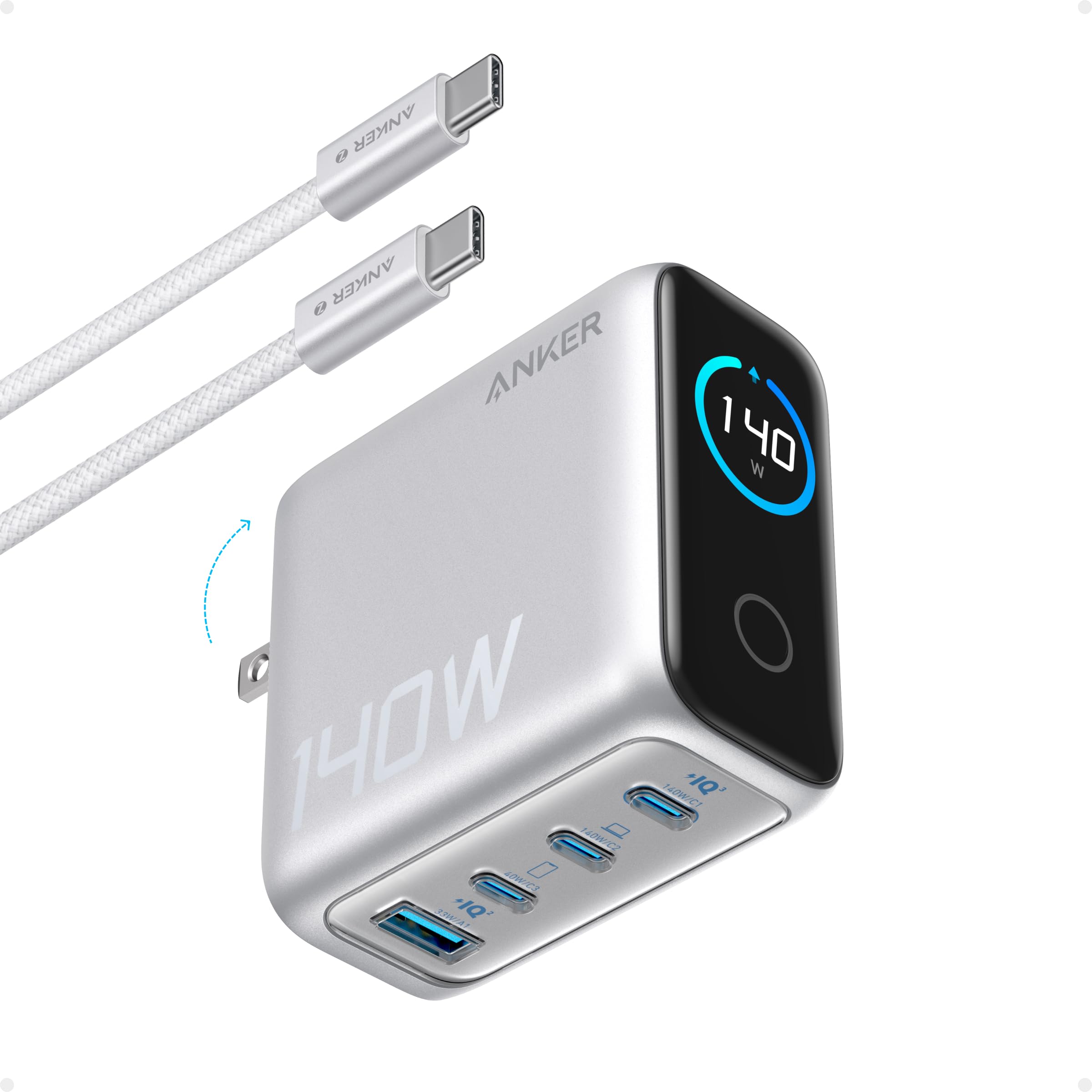 Anker 140W 4-Port GaN Charger with Smart Display for MacBook