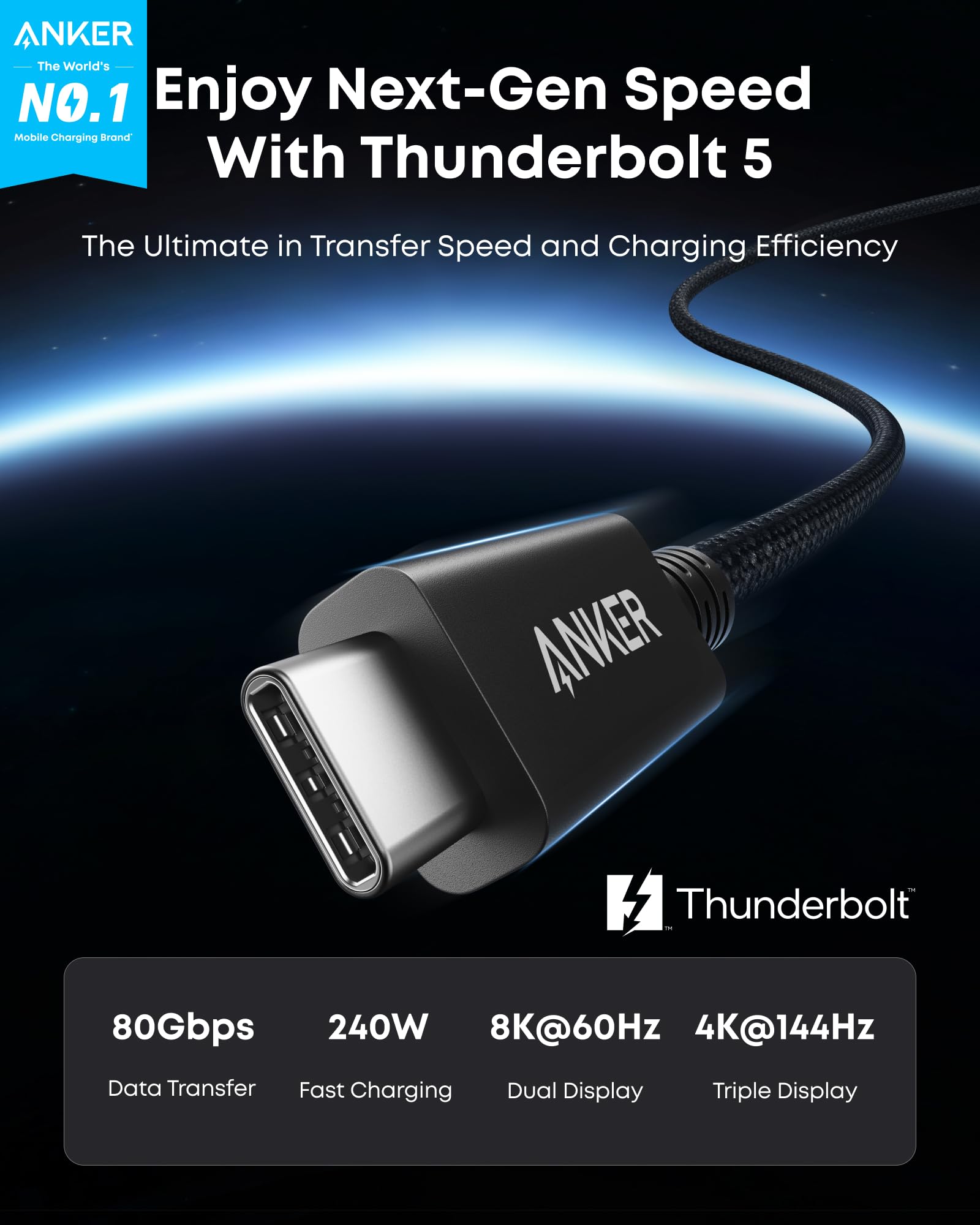 Anker Prime Thunderbolt 5 Cable, USB C to USB-C Cable, 240W Charging, 80Gbps Data Transfer, Up to 120Gbps Bandwidth, 8K/4K Displays, for iPhone 16, MacBook, and More (Thunderbolt 5-Certified)