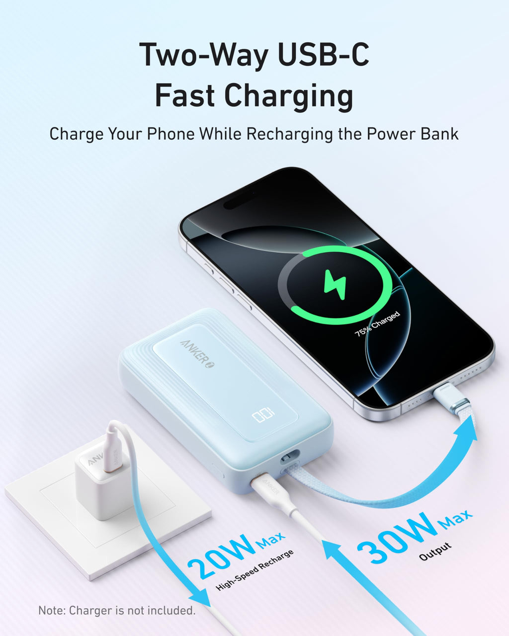 Anker Portable Charger, 10,000mAh 30W Power Bank, USB-C in and Out Fast Charging Battery Pack, Travel Essential Phone Power Bank, for iPhone 17/16, Galaxy and More