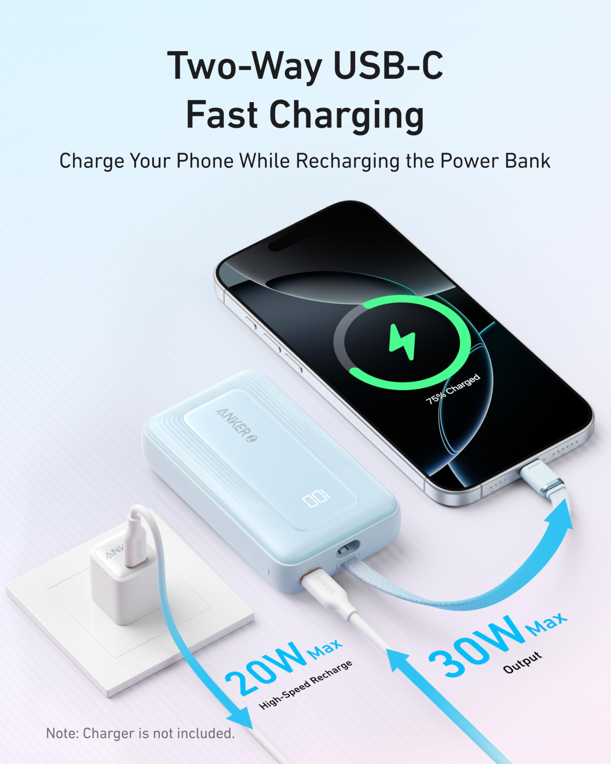 Anker Portable Charger, 10,000mAh 30W Power Bank, USB-C in and Out Fast Charging Battery Pack, Travel Essential Phone Power Bank, for iPhone 17/16, Galaxy and More