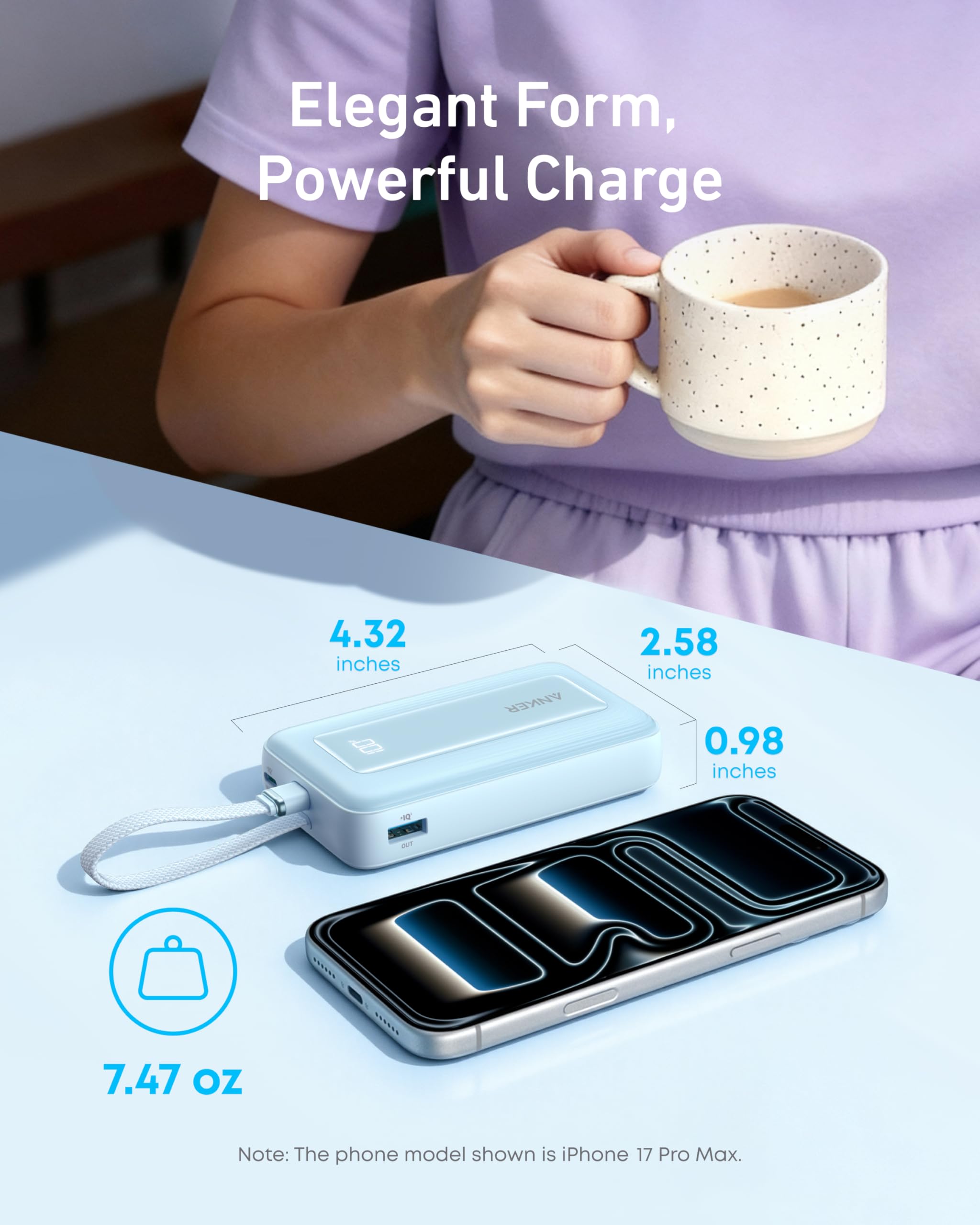 Anker Portable Charger, 10,000mAh 30W Power Bank, USB-C in and Out Fast Charging Battery Pack, Travel Essential Phone Power Bank, for iPhone 17/16, Galaxy and More