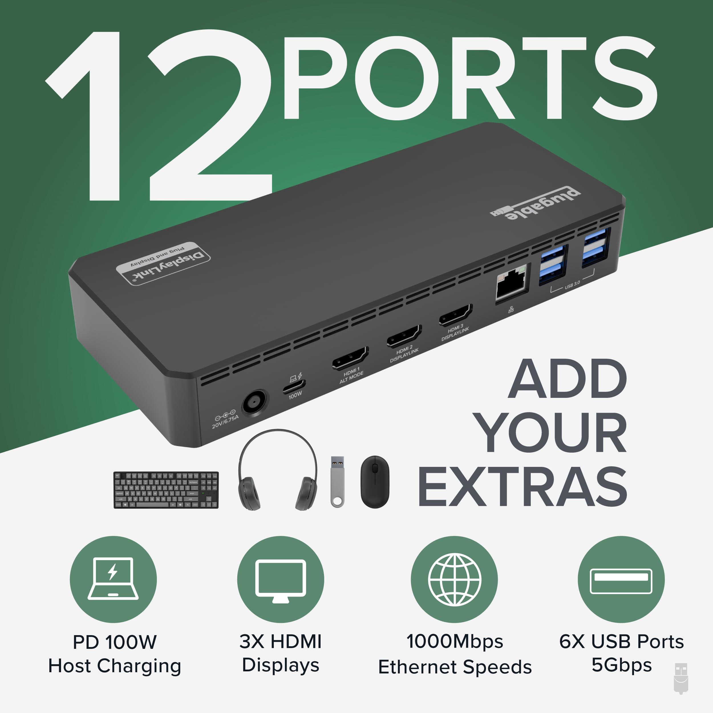 Plugable Triple Display USB-C Docking Station with 100W PD