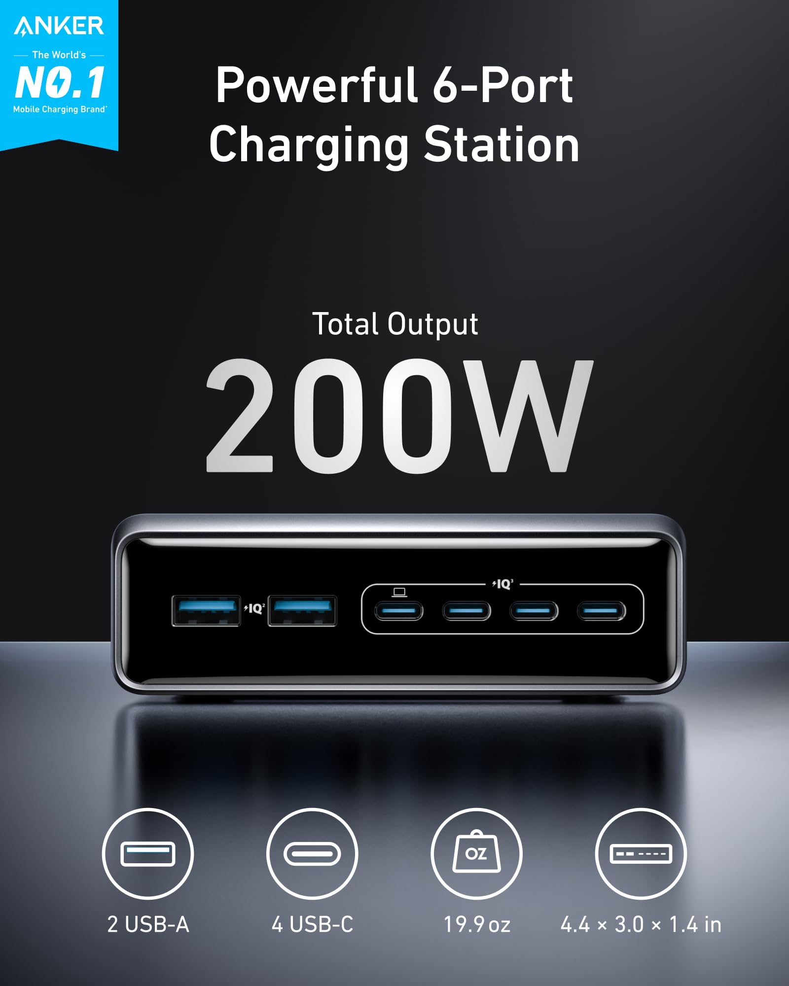 Anker Prime Charging Station, 200W 6-Port GaN Desktop Charger
