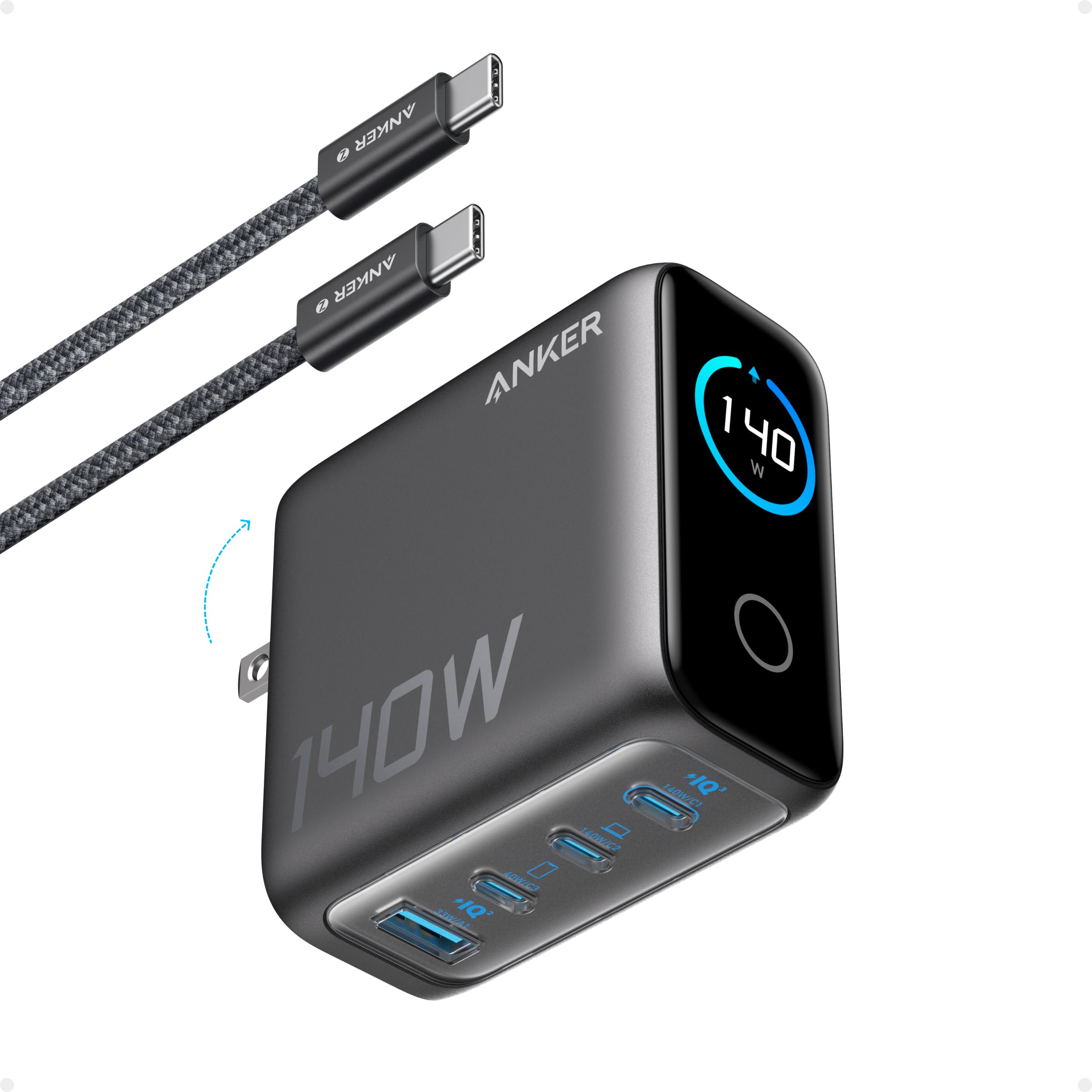 Anker MacBook Pro Charger,140W Max 4-Port GaN USB C Charger Block with Smart Display,Fast Charger USB C Power Adapter,Touch Controls for Macbook,iPad,iPhone 17/16 Series(Include 5FT Cable,Non-Battery)