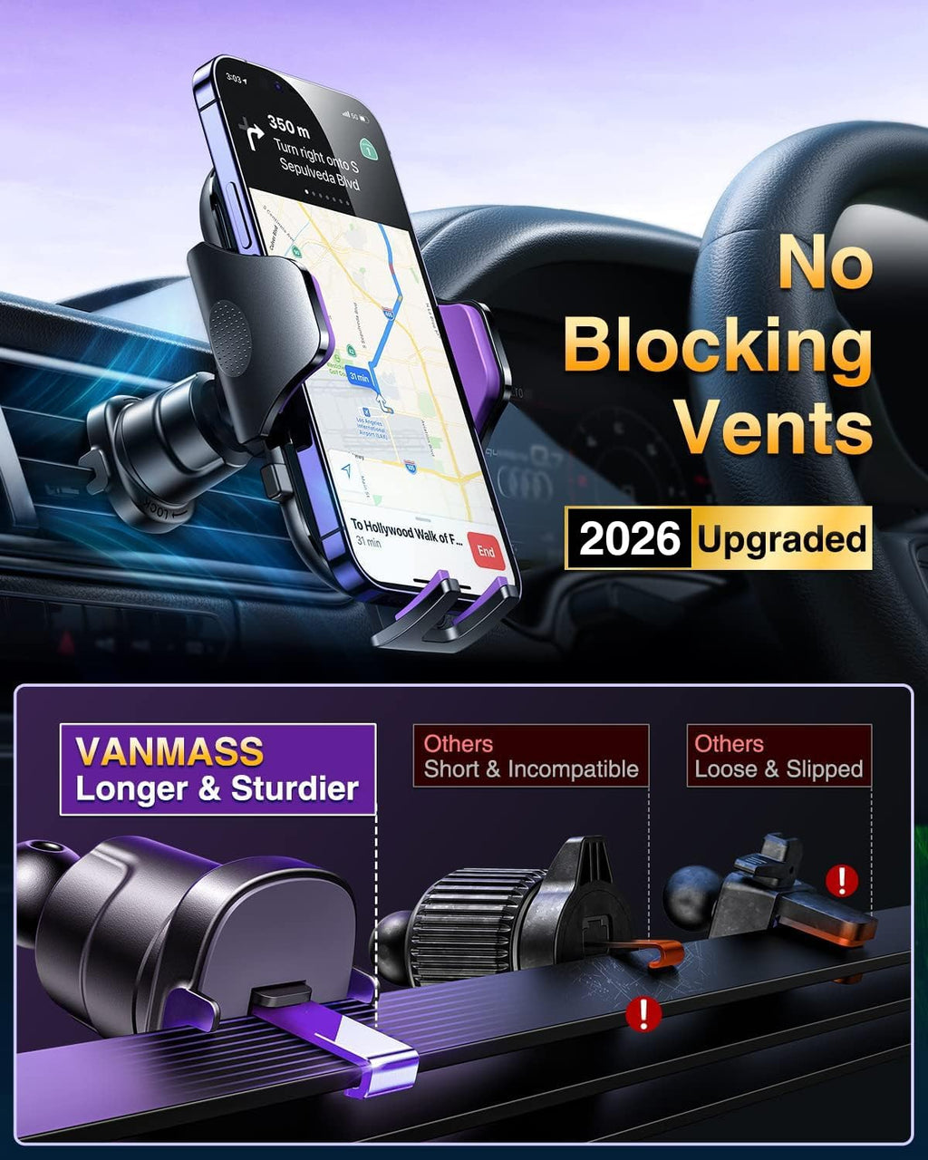 VANMASS [True Military-Grade Car Phone Holder [2024 Best Suction & Clip] Cell Phone Mount for Dashboard Windshield Vent Truck Cradle Dash Stand for iPhone 15 Pro Max 14 13 12 Android