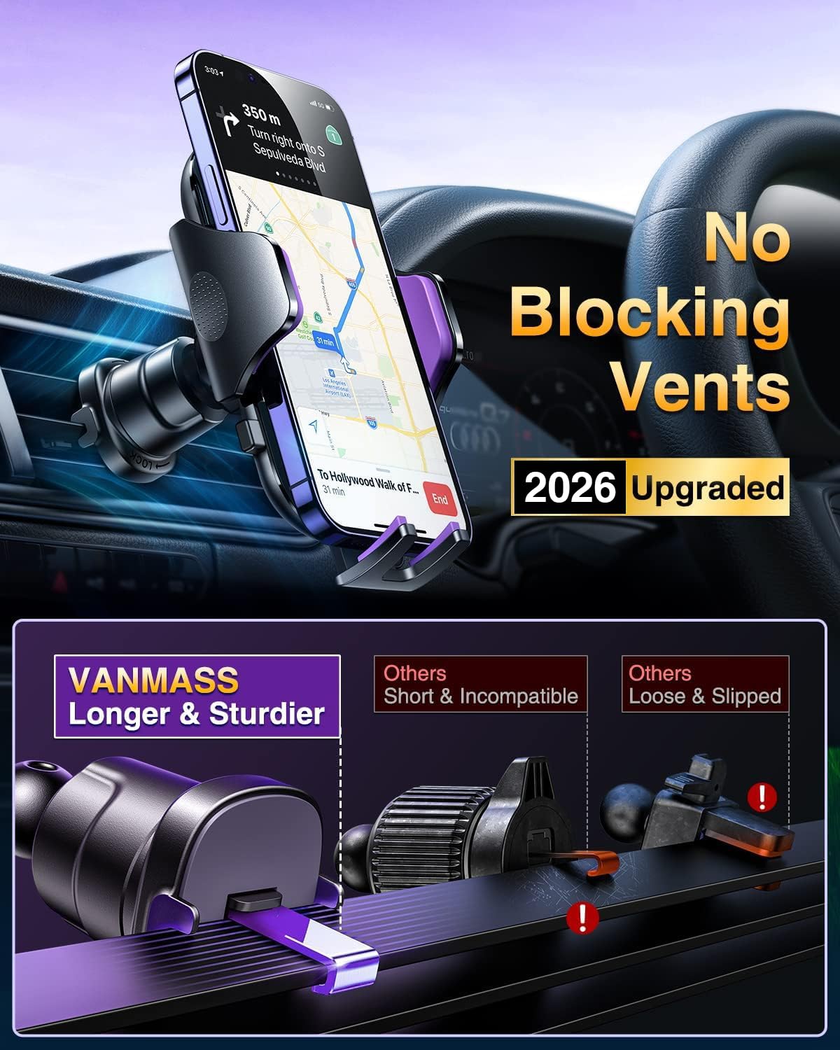 VANMASS [True Military-Grade Car Phone Holder [2024 Best Suction & Clip] Cell Phone Mount for Dashboard Windshield Vent Truck Cradle Dash Stand for iPhone 15 Pro Max 14 13 12 Android