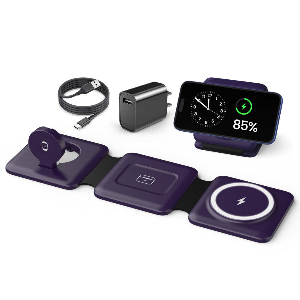 Charging Station for Apple Multiple Devices - 3 in 1 Foldable Magnetic Wireless Charger Dock - Travel Charging Pad for iPhone 17 16 15 14 13 12 Pro Max Plus Watch & Airpods