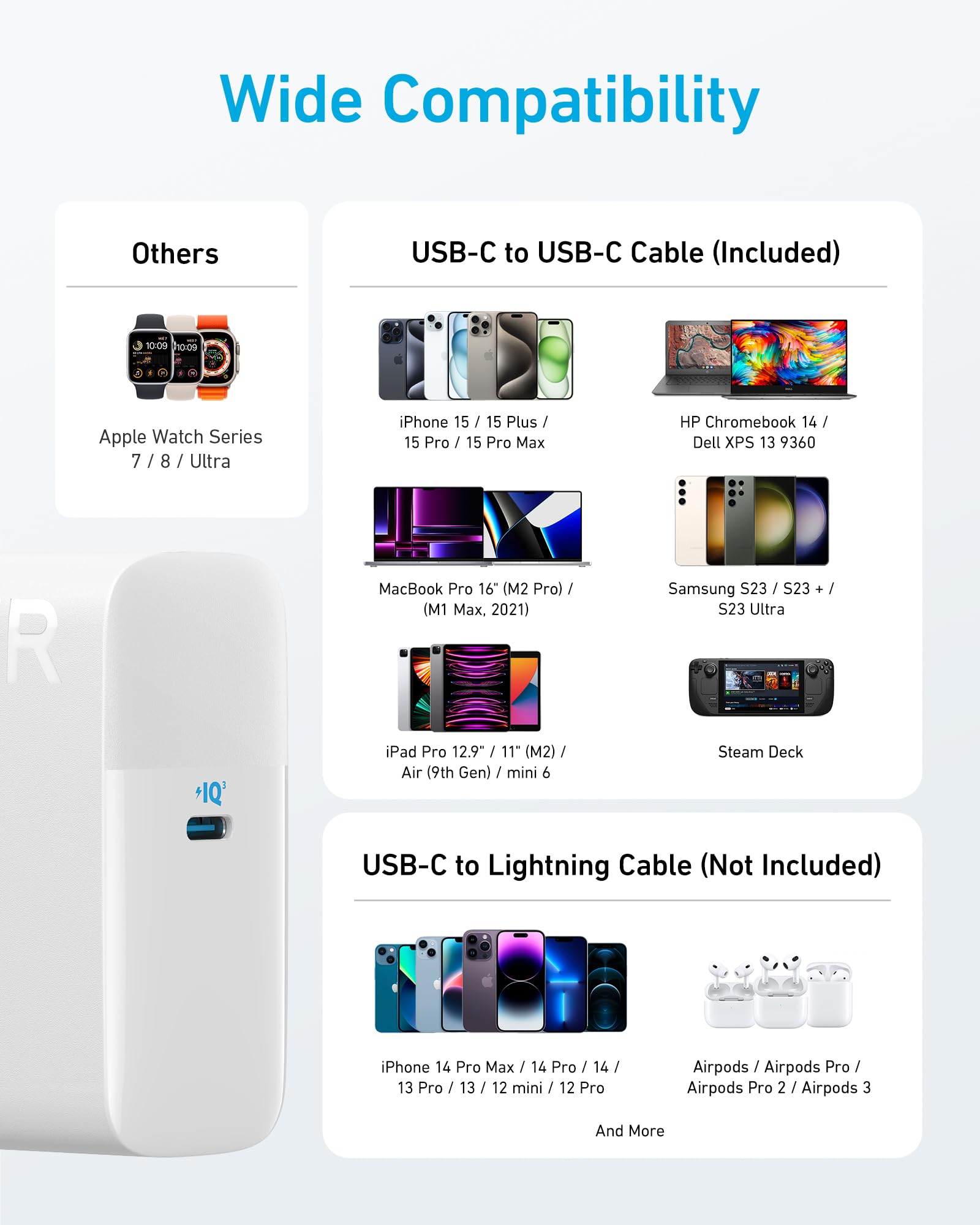 Anker Laptop Charger, Compact and Foldable 100W USB C Charger for MacBook Air, Samsung Galaxy, iPhone 17/16 Series, iPad Pro, and More(5FT USB C Cable Included)