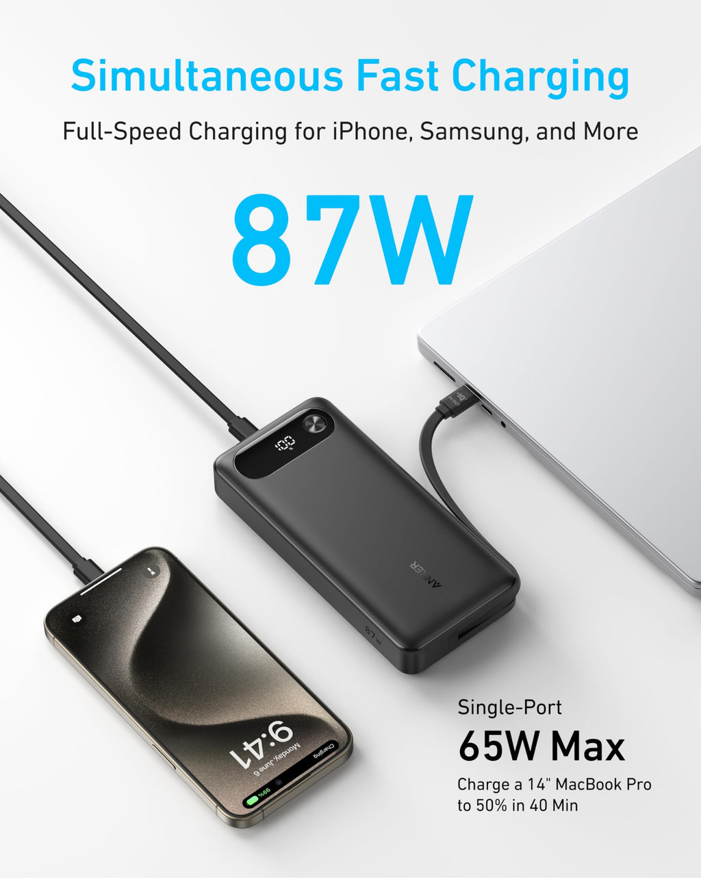 Anker Prime Power Bank, 20,000mAh Portable Charger with 200W Output, Smart Digital Display, 2 USB-C and 1 USB-A Port Compatible with iPhone 15/14/13 Series, Samsung, MacBook, Dell, and More