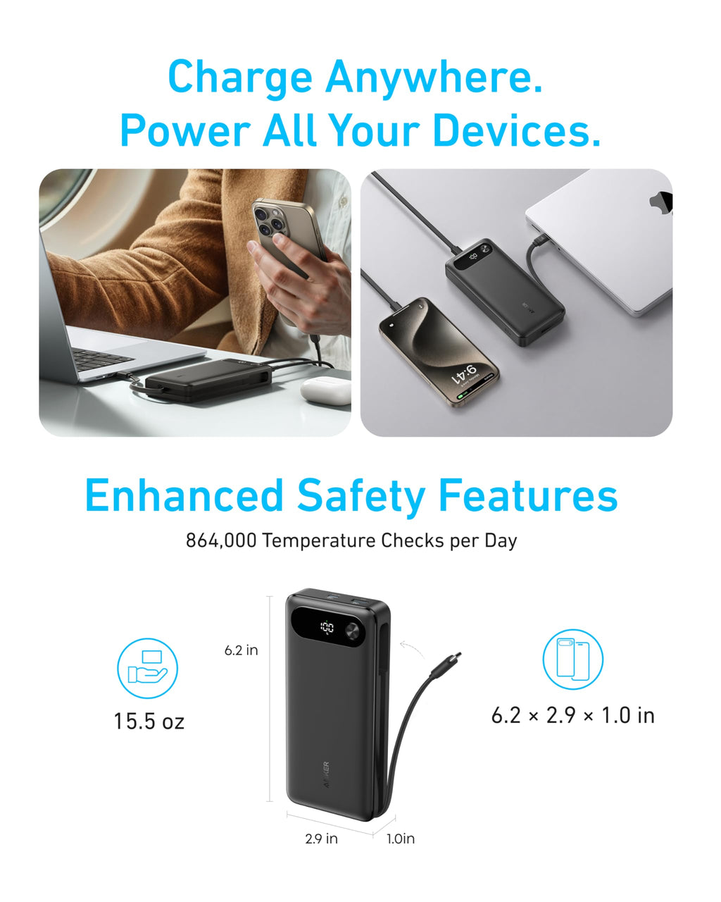 Anker Prime Power Bank, 20,000mAh Portable Charger with 200W Output, Smart Digital Display, 2 USB-C and 1 USB-A Port Compatible with iPhone 15/14/13 Series, Samsung, MacBook, Dell, and More