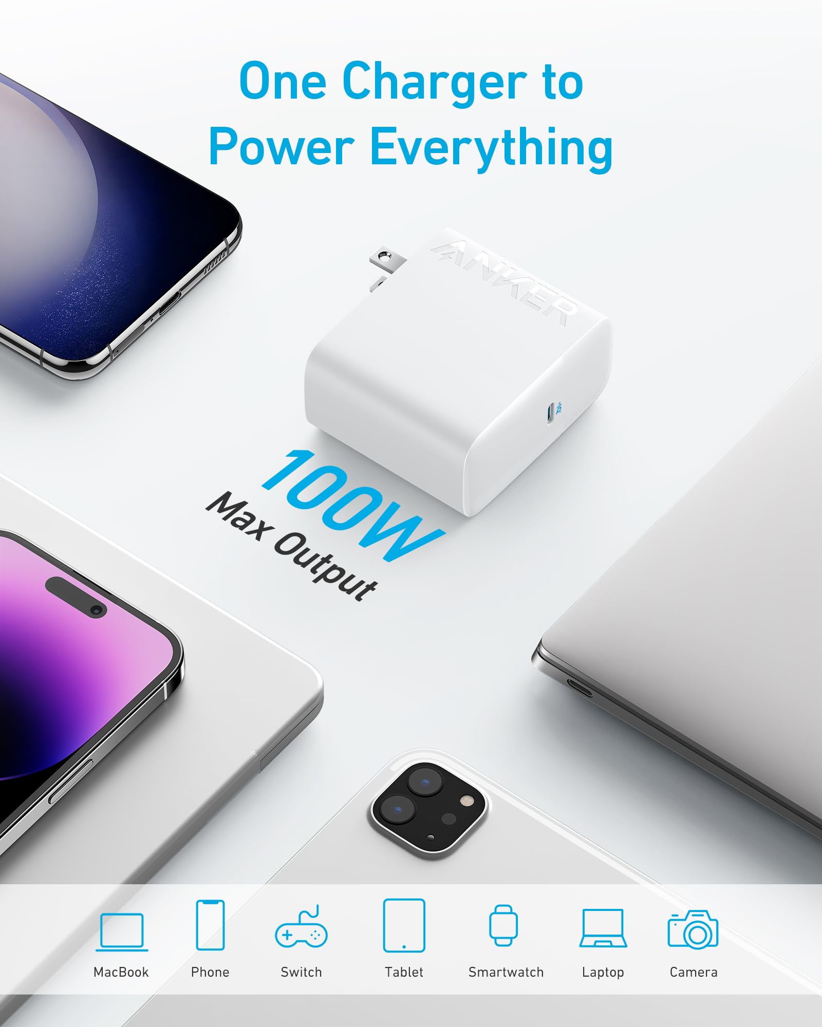 Anker Laptop Charger, Compact and Foldable 100W USB C Charger for MacBook Air, Samsung Galaxy, iPhone 17/16 Series, iPad Pro, and More(5FT USB C Cable Included)