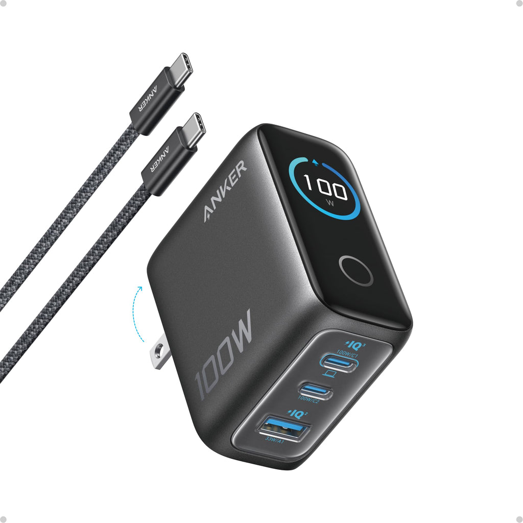 Anker Phone Charger,UP to 100W USB C Charger Block,Ultra-Compact 3-Port GaN Fast Wall Adapter with Smart Display and Touch Control for iPhone 17 Series,iPad,MacBook Pro/Air(Include Cable,Non-Battery)