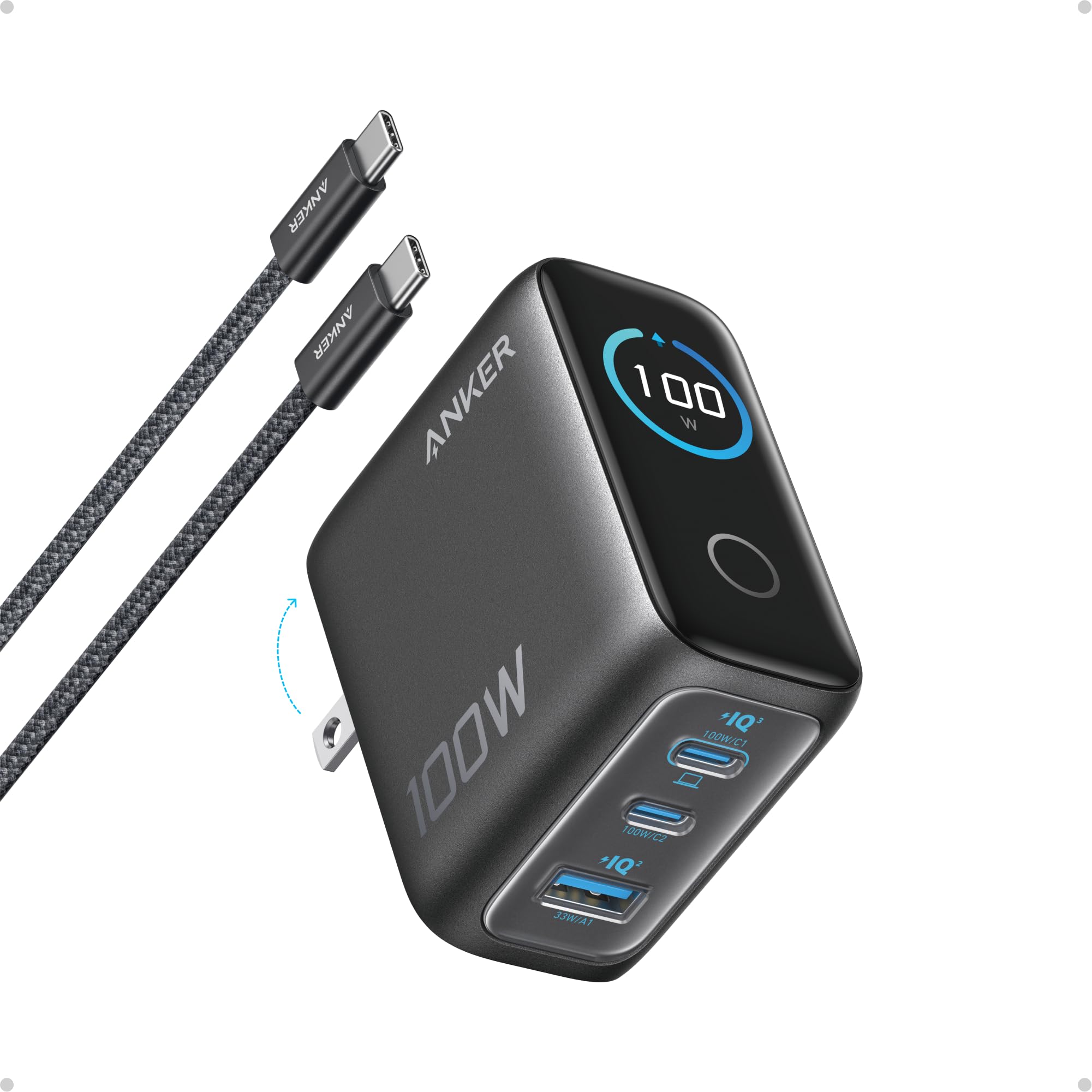 Anker Phone Charger,UP to 100W USB C Charger Block,Ultra-Compact 3-Port GaN Fast Wall Adapter with Smart Display and Touch Control for iPhone 17 Series,iPad,MacBook Pro/Air(Include Cable,Non-Battery)