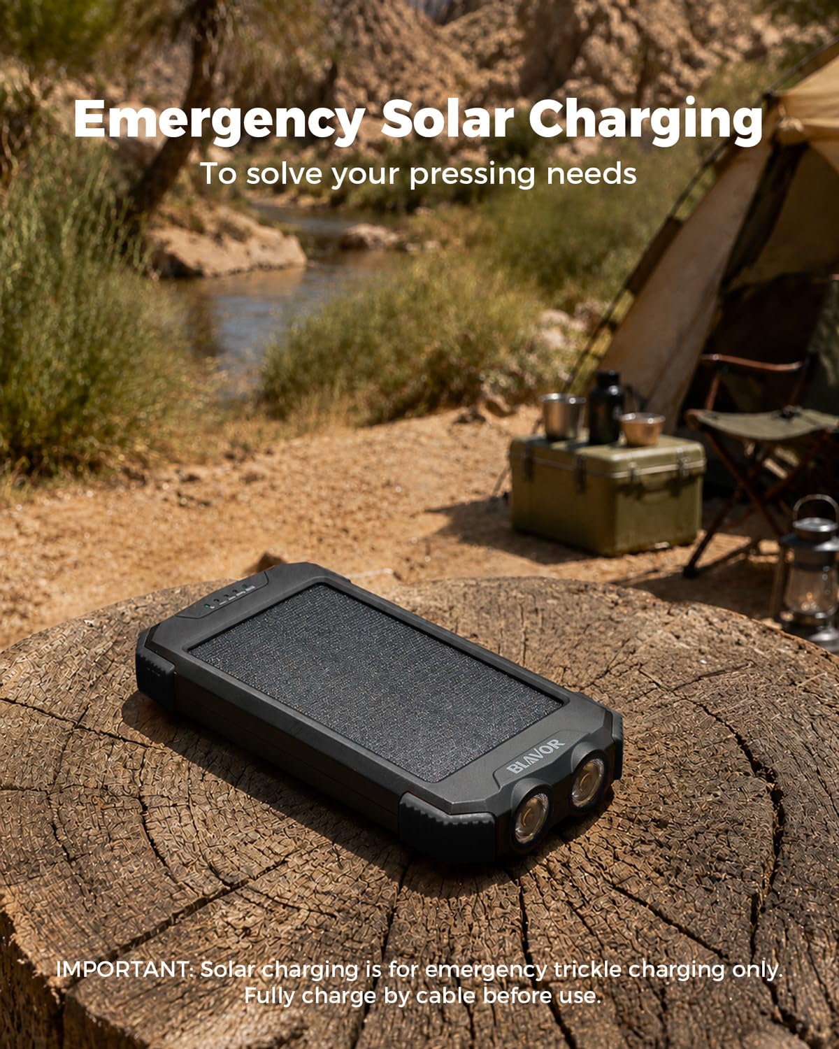 BLAVOR Solar Power Bank 10,000mAh, Portable Wireless Charger, 20W Fast Charging External Battery Pack with USB C for Cell Phones, Solar Panel Charging with Dual Flashlight for Camping