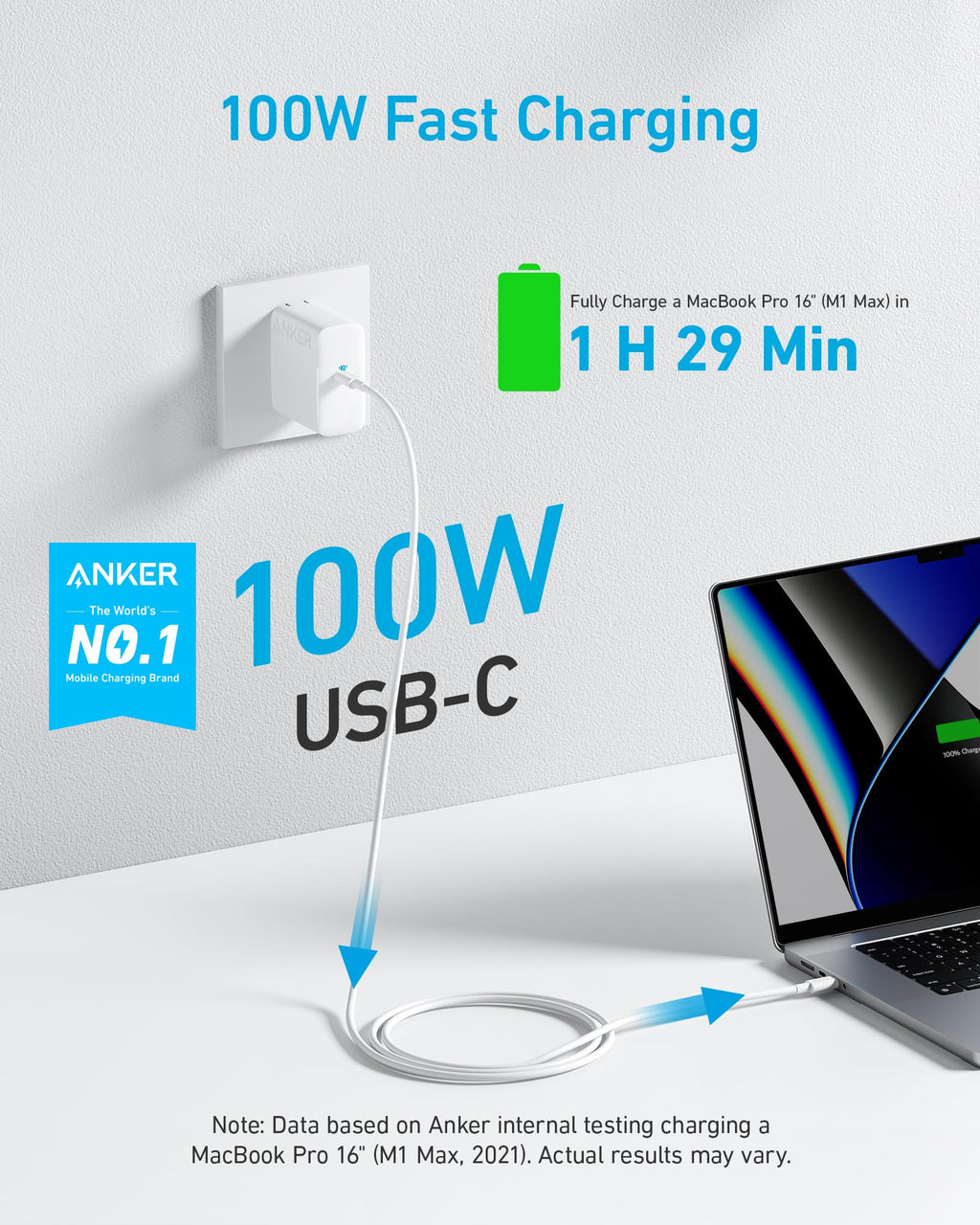 Anker Laptop Charger, Compact and Foldable 100W USB C Charger for MacBook Air, Samsung Galaxy, iPhone 17/16 Series, iPad Pro, and More(5FT USB C Cable Included)